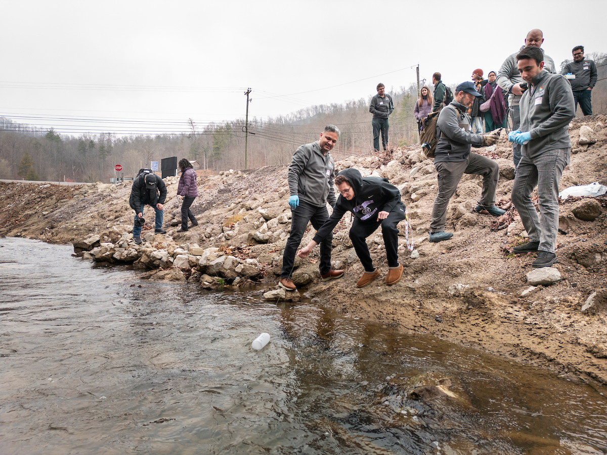 Student collect water sample at creek